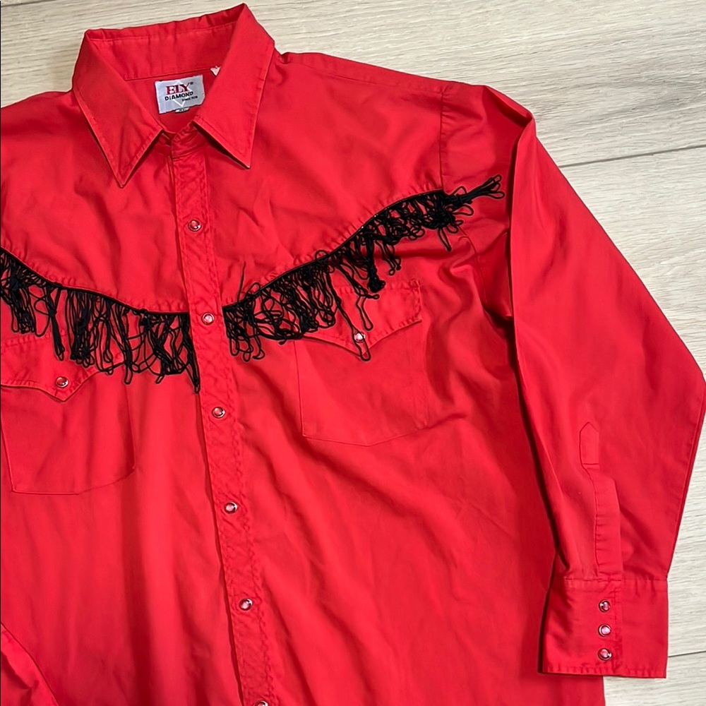Vintage Ely Diamond Men's Red Fringe Western Button-Down Shirt XL
